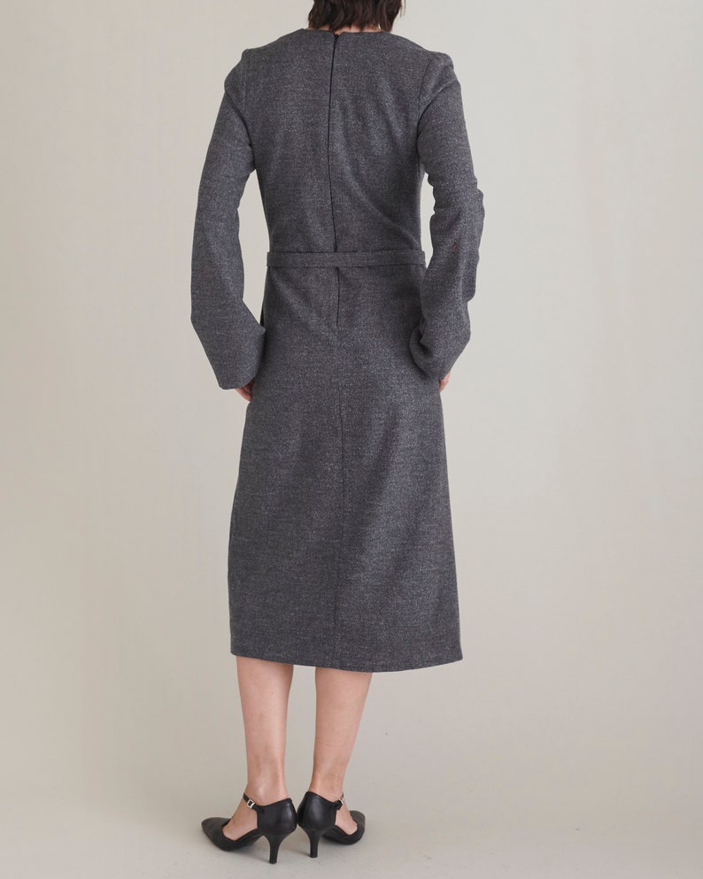 Handmade 100% Wool Midi Dress for Women, Minimalist Long Sleeve, French Darts, Tie Waist Grey Flannel Dress w Pockets for Winter FTN60_92WOL