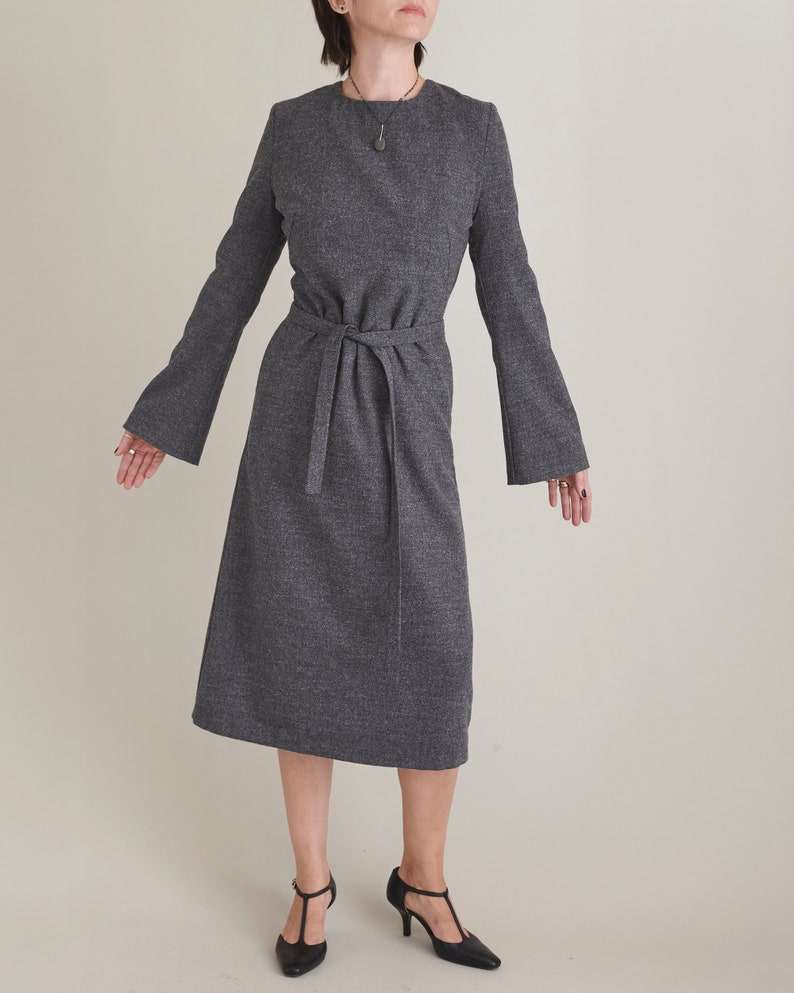 Handmade 100% Wool Midi Dress for Women, Minimalist Long Sleeve, French Darts, Tie Waist Grey Flannel Dress w Pockets for Winter FTN60_92WOL