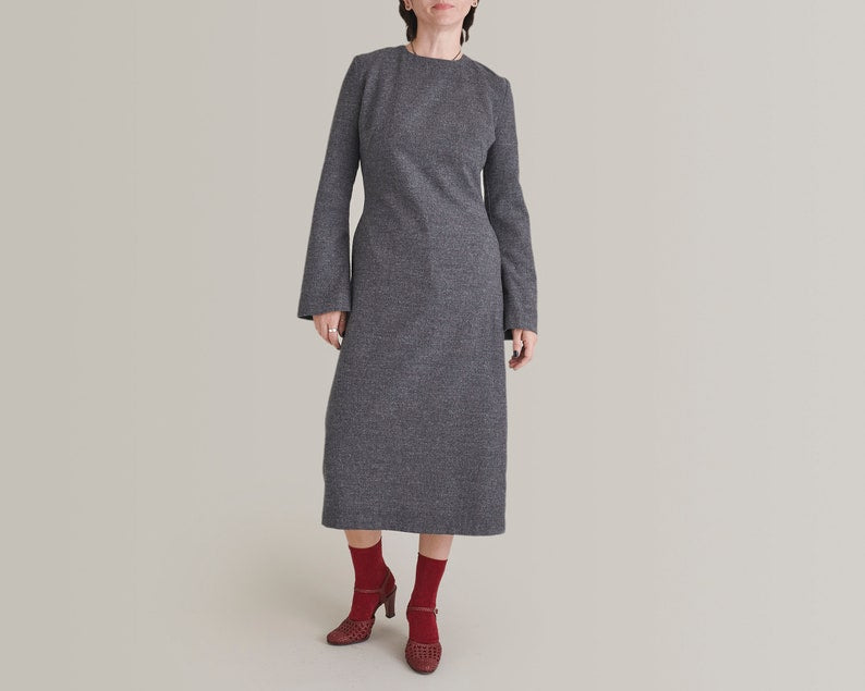 Handmade 100% Wool Midi Dress for Women, Minimalist Long Sleeve, French Darts, Tie Waist Grey Flannel Dress w Pockets for Winter FTN60_92WOL