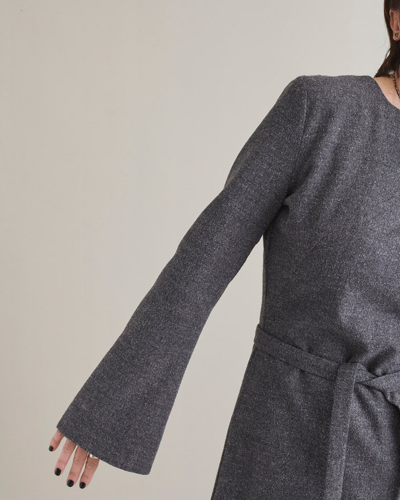 Handmade 100% Wool Midi Dress for Women, Minimalist Long Sleeve, French Darts, Tie Waist Grey Flannel Dress w Pockets for Winter FTN60_92WOL