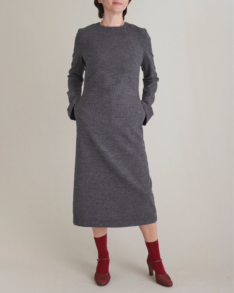 Handmade 100% Wool Midi Dress for Women, Minimalist Long Sleeve, French Darts, Tie Waist Grey Flannel Dress w Pockets for Winter FTN60_92WOL