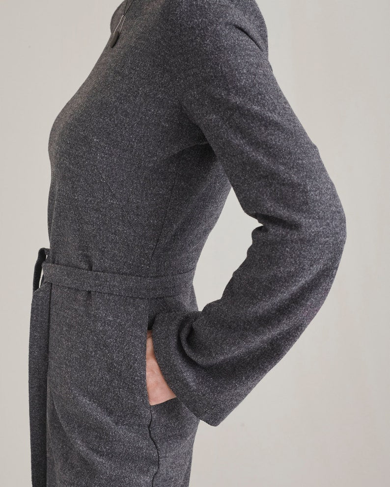 Handmade 100% Wool Midi Dress for Women, Minimalist Long Sleeve, French Darts, Tie Waist Grey Flannel Dress w Pockets for Winter FTN60_92WOL