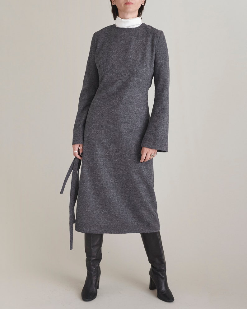 Handmade 100% Wool Midi Dress for Women, Minimalist Long Sleeve, French Darts, Tie Waist Grey Flannel Dress w Pockets for Winter FTN60_92WOL
