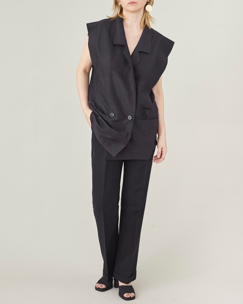Handmade 100% Silk Blazer for Women, Strong Shoulders, Black Sleeveless Blazer for Parties and Formal Events