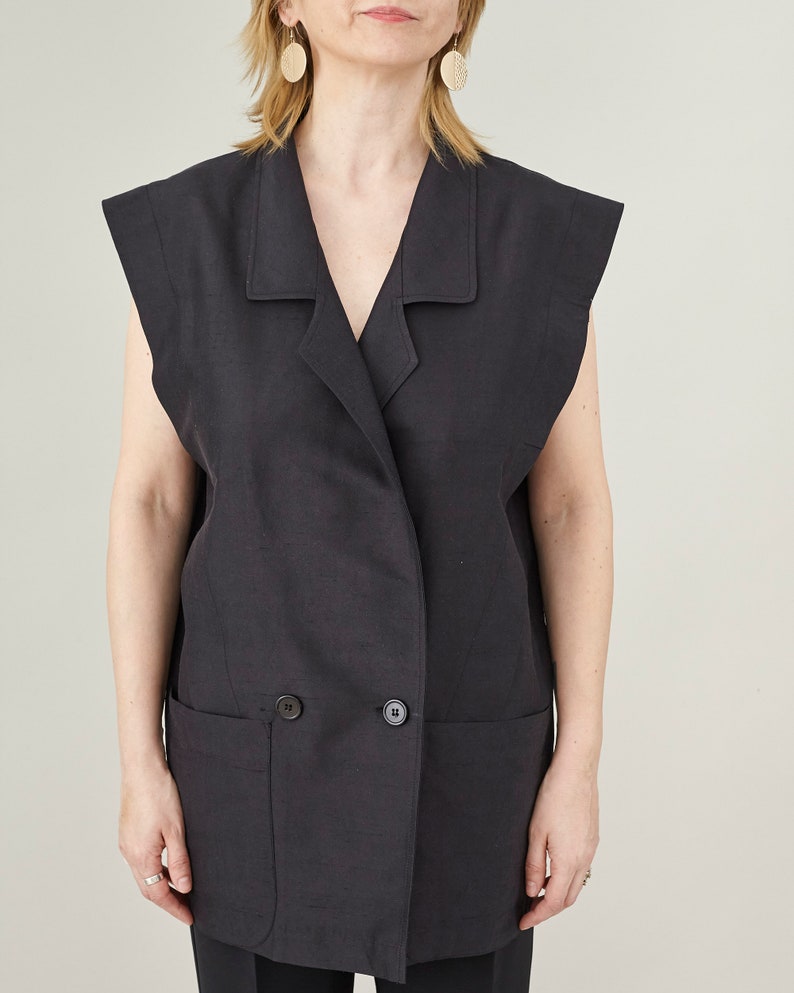 Handmade 100% Silk Blazer for Women, Strong Shoulders, Black Sleeveless Blazer for Parties and Formal Events