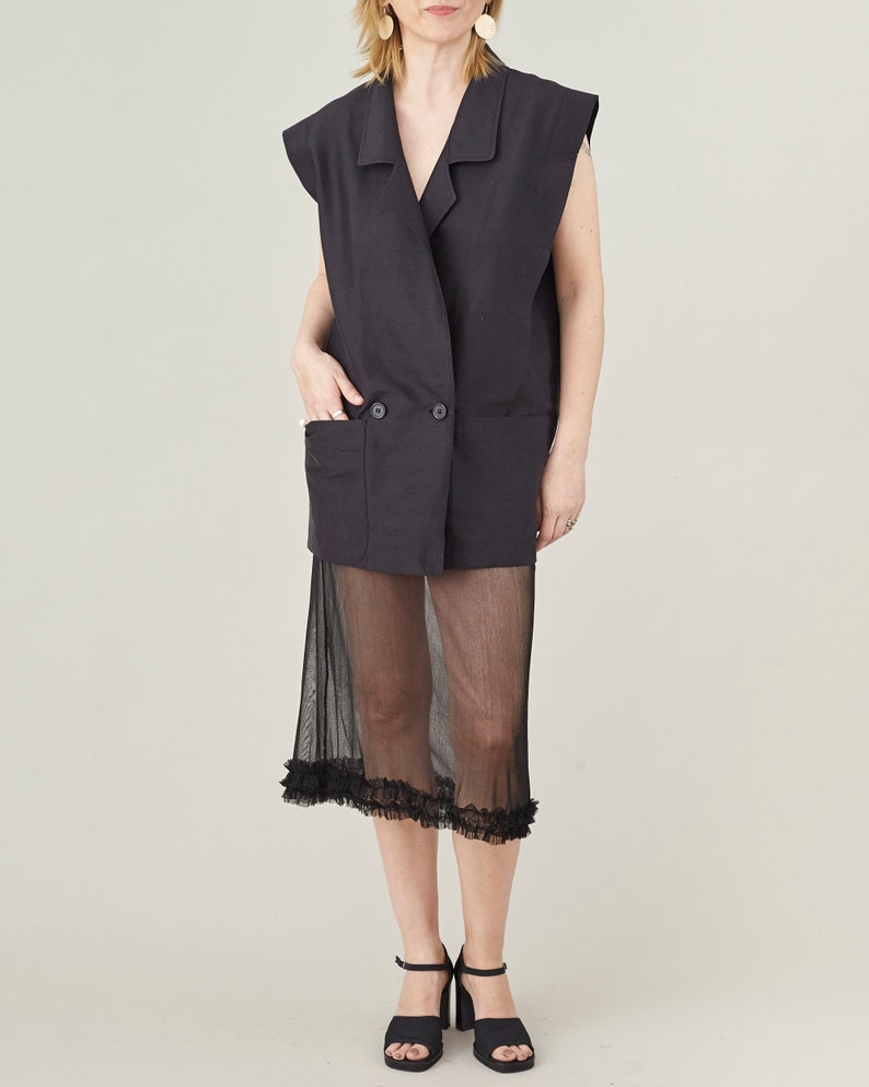 Handmade 100% Silk Blazer for Women, Strong Shoulders, Black Sleeveless Blazer for Parties and Formal Events