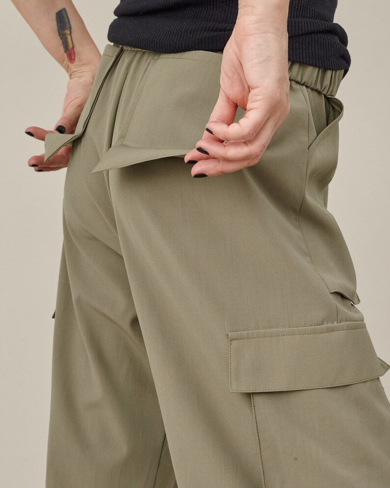 Chic Cargo Pants in Khaki Lightweight Wool, Elastic Waist, Modern Baggy Pants with Drawstring Toggle Hem, More Color Option