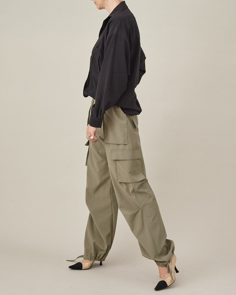 Chic Cargo Pants in Khaki Lightweight Wool, Elastic Waist, Modern Baggy Pants with Drawstring Toggle Hem, More Color Option