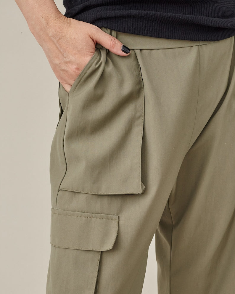 Chic Cargo Pants in Khaki Lightweight Wool, Elastic Waist, Modern Baggy Pants with Drawstring Toggle Hem, More Color Option