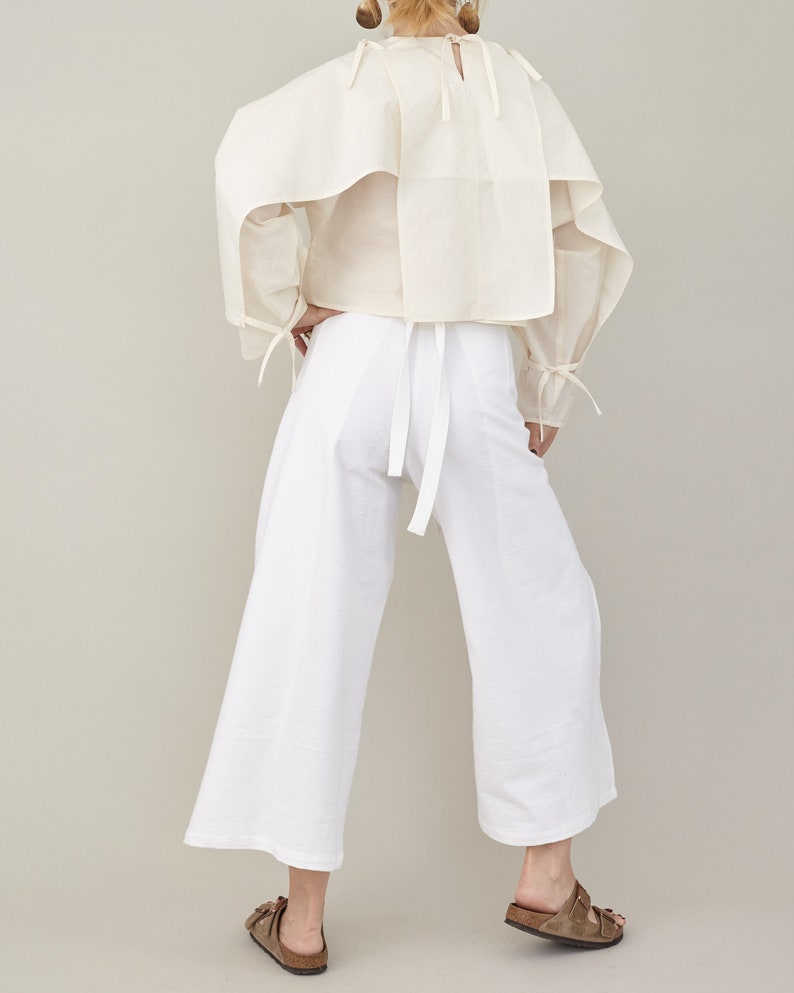 Wide-Leg, Cropped Summer Trousers with Tie Waist, Wrap Design, Elegant White Loungewear in Cotton, Linen, or Silk