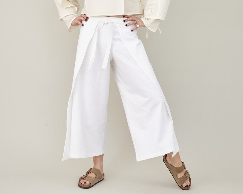 Wide-Leg, Cropped Summer Trousers with Tie Waist, Wrap Design, Elegant White Loungewear in Cotton, Linen, or Silk