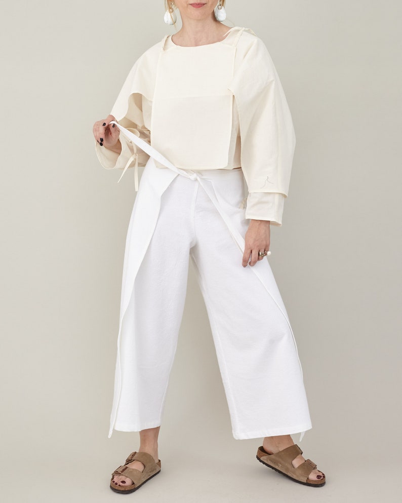 Wide-Leg, Cropped Summer Trousers with Tie Waist, Wrap Design, Elegant White Loungewear in Cotton, Linen, or Silk