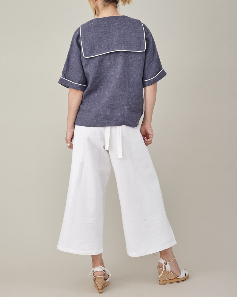 Wide-Leg, Cropped Summer Trousers with Tie Waist, Wrap Design, Elegant White Loungewear in Cotton, Linen, or Silk