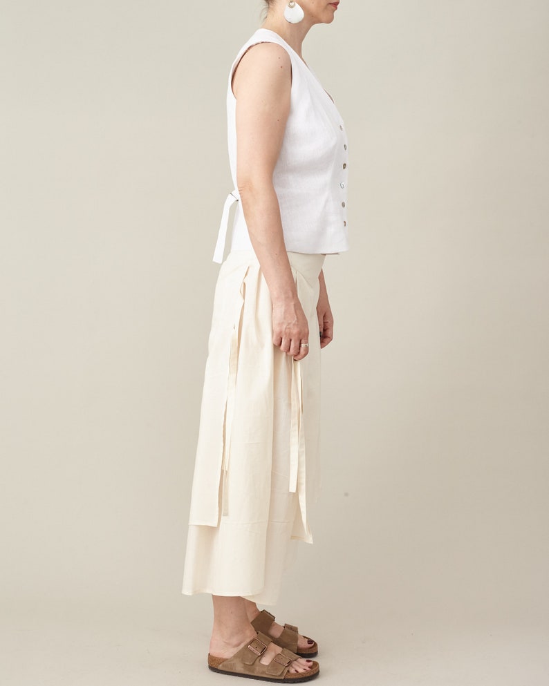 Handmade Wide-Leg Cropped Pants – Cotton Silk Blend Culottes, High-Waisted, Neutral Tone, Summer Skirt-Pants, Contemporary, Japanese Style