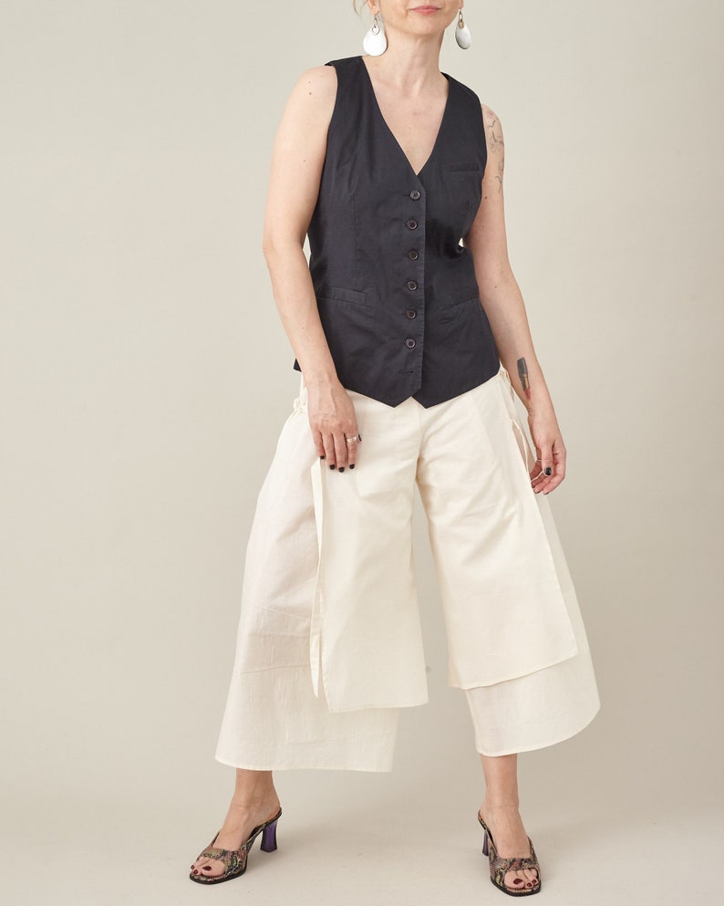 Handmade Wide-Leg Cropped Pants – Cotton Silk Blend Culottes, High-Waisted, Neutral Tone, Summer Skirt-Pants, Contemporary, Japanese Style