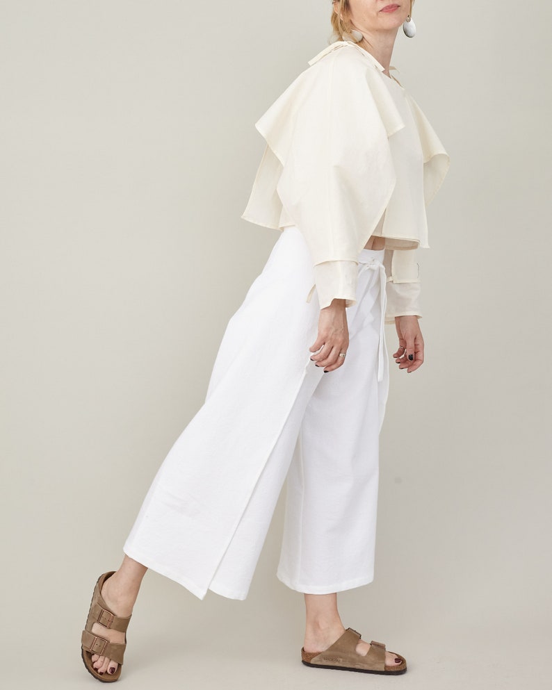 White Silk Crop Top for Women, Long Sleeve, Layered Blouse, Unique Avangarde Design with String Tie for Contemporary Looks