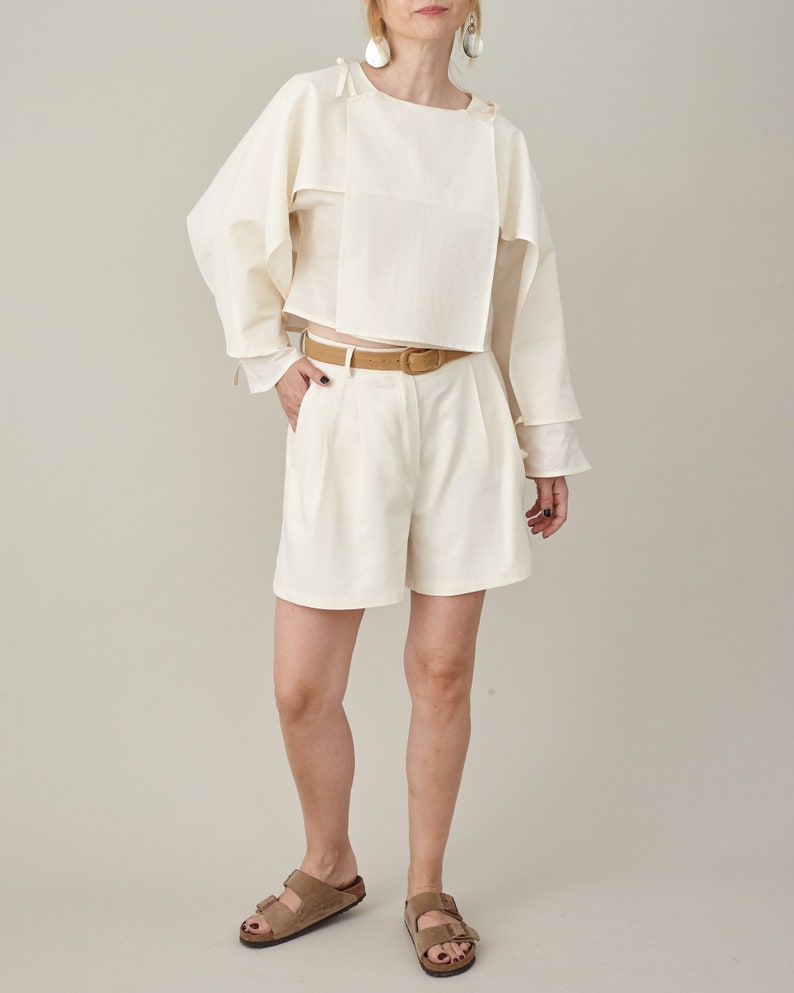 White Silk Crop Top for Women, Long Sleeve, Layered Blouse, Unique Avangarde Design with String Tie for Contemporary Looks