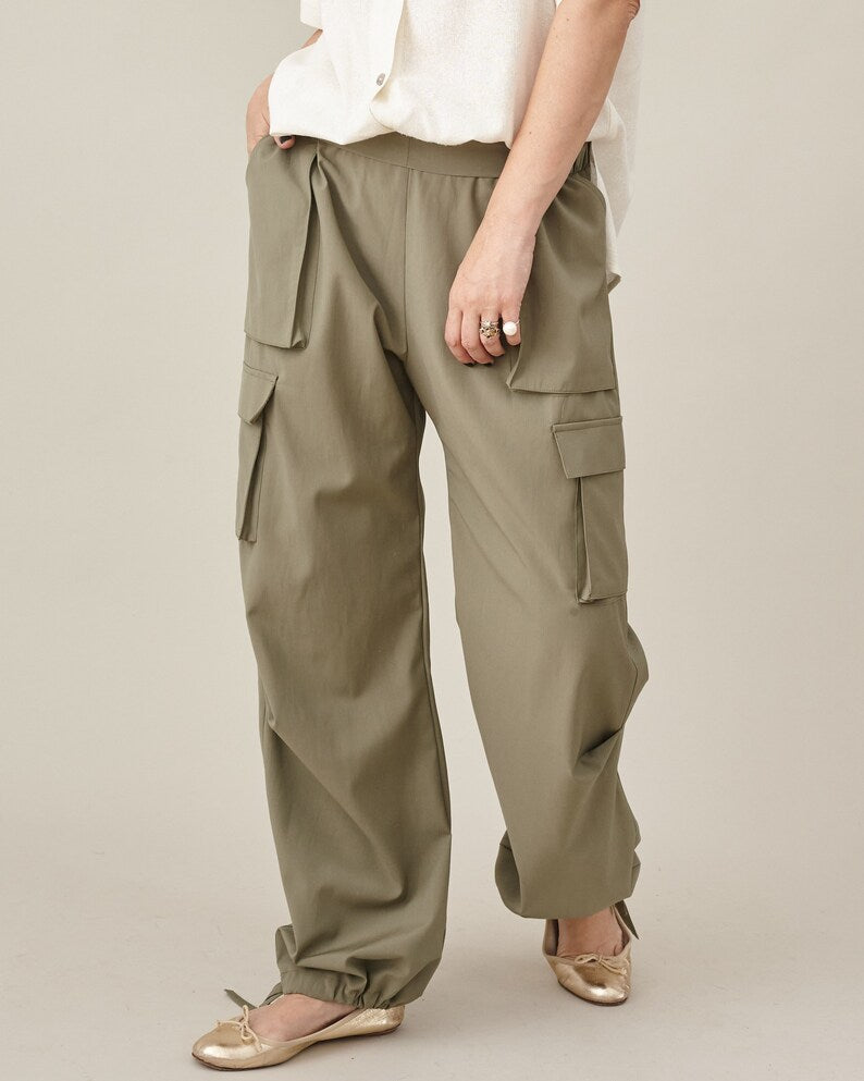 Chic Cargo Pants in Khaki Lightweight Wool, Elastic Waist, Modern Baggy Pants with Drawstring Toggle Hem, More Color Option