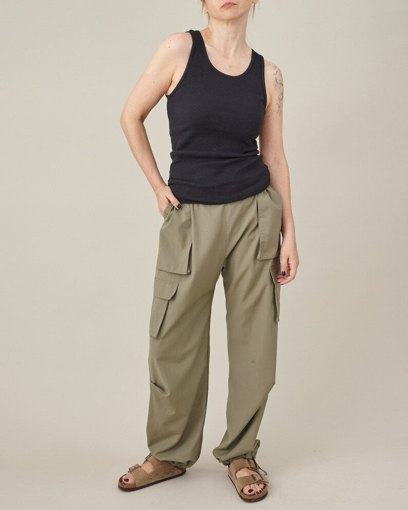 Chic Cargo Pants in Khaki Lightweight Wool, Elastic Waist, Modern Baggy Pants with Drawstring Toggle Hem, More Color Option