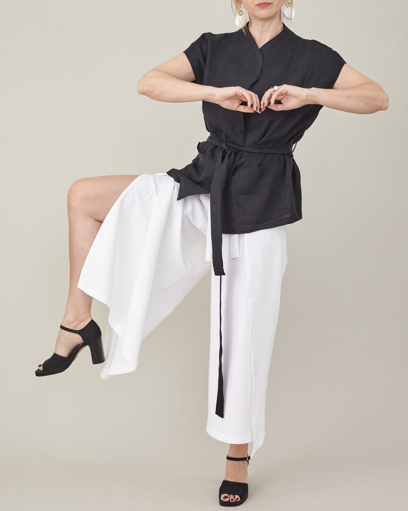Wide-Leg, Cropped Summer Trousers with Tie Waist, Wrap Design, Elegant White Loungewear in Cotton, Linen, or Silk
