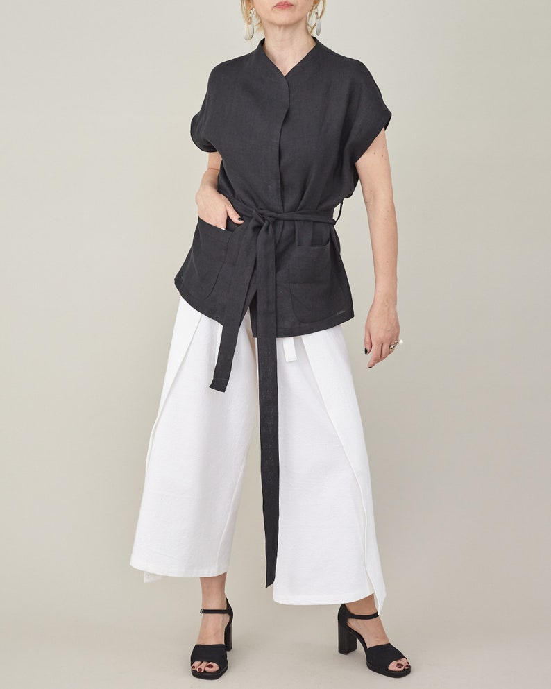 Wide-Leg, Cropped Summer Trousers with Tie Waist, Wrap Design, Elegant White Loungewear in Cotton, Linen, or Silk