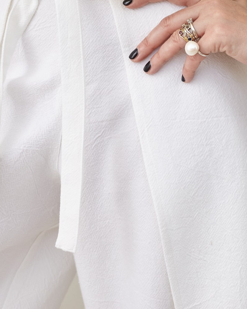 Wide-Leg, Cropped Summer Trousers with Tie Waist, Wrap Design, Elegant White Loungewear in Cotton, Linen, or Silk