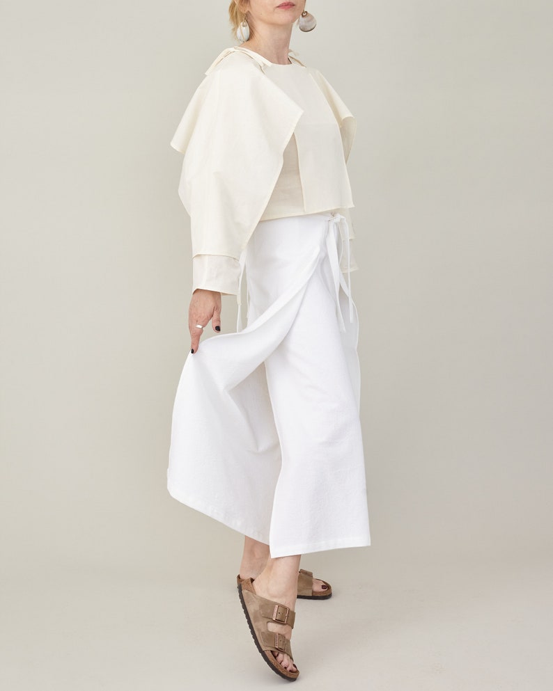 Wide-Leg, Cropped Summer Trousers with Tie Waist, Wrap Design, Elegant White Loungewear in Cotton, Linen, or Silk