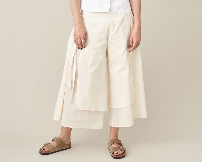 Handmade Wide-Leg Cropped Pants – Cotton Silk Blend Culottes, High-Waisted, Neutral Tone, Summer Skirt-Pants, Contemporary, Japanese Style