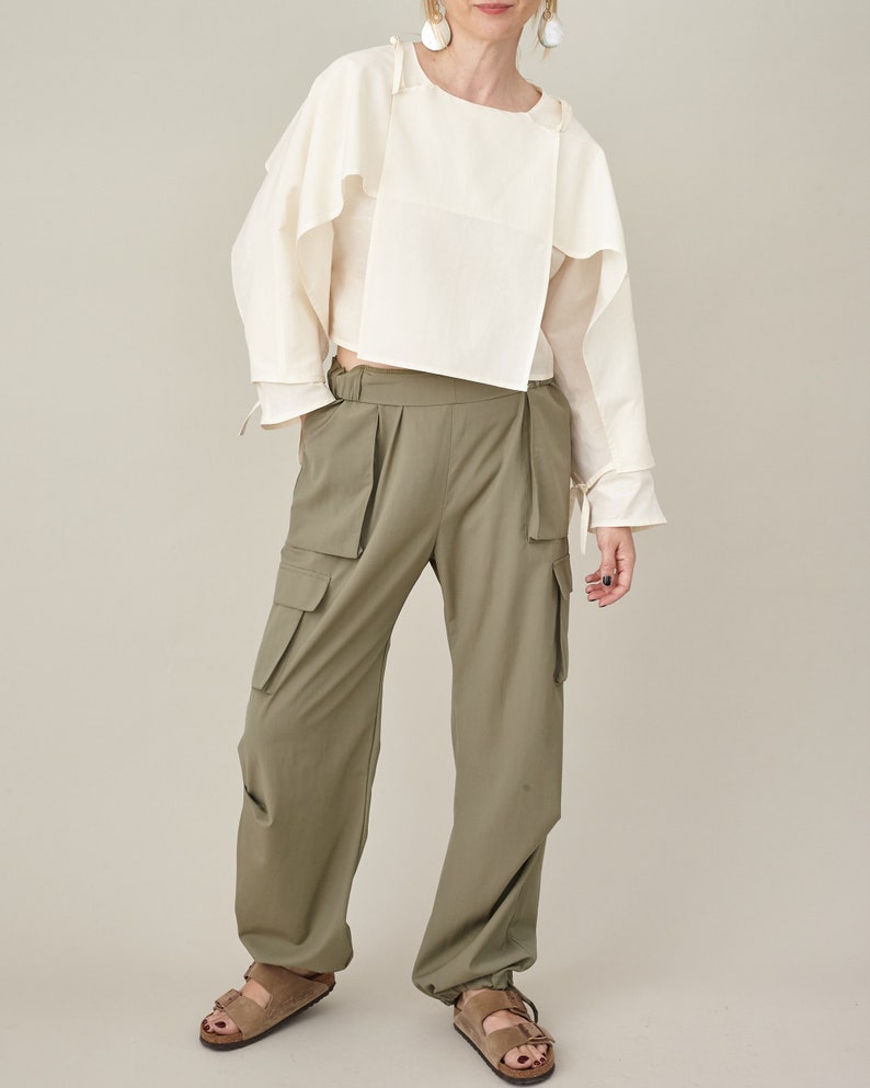 White Silk Crop Top for Women, Long Sleeve, Layered Blouse, Unique Avangarde Design with String Tie for Contemporary Looks