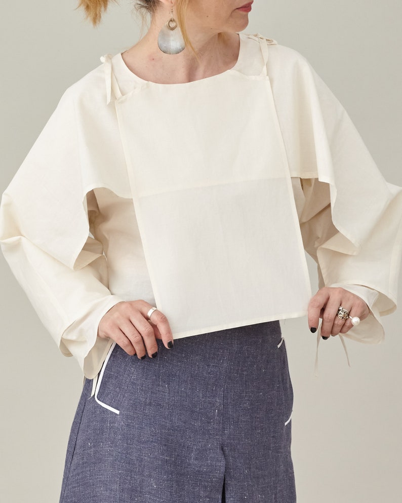 White Silk Crop Top for Women, Long Sleeve, Layered Blouse, Unique Avangarde Design with String Tie for Contemporary Looks