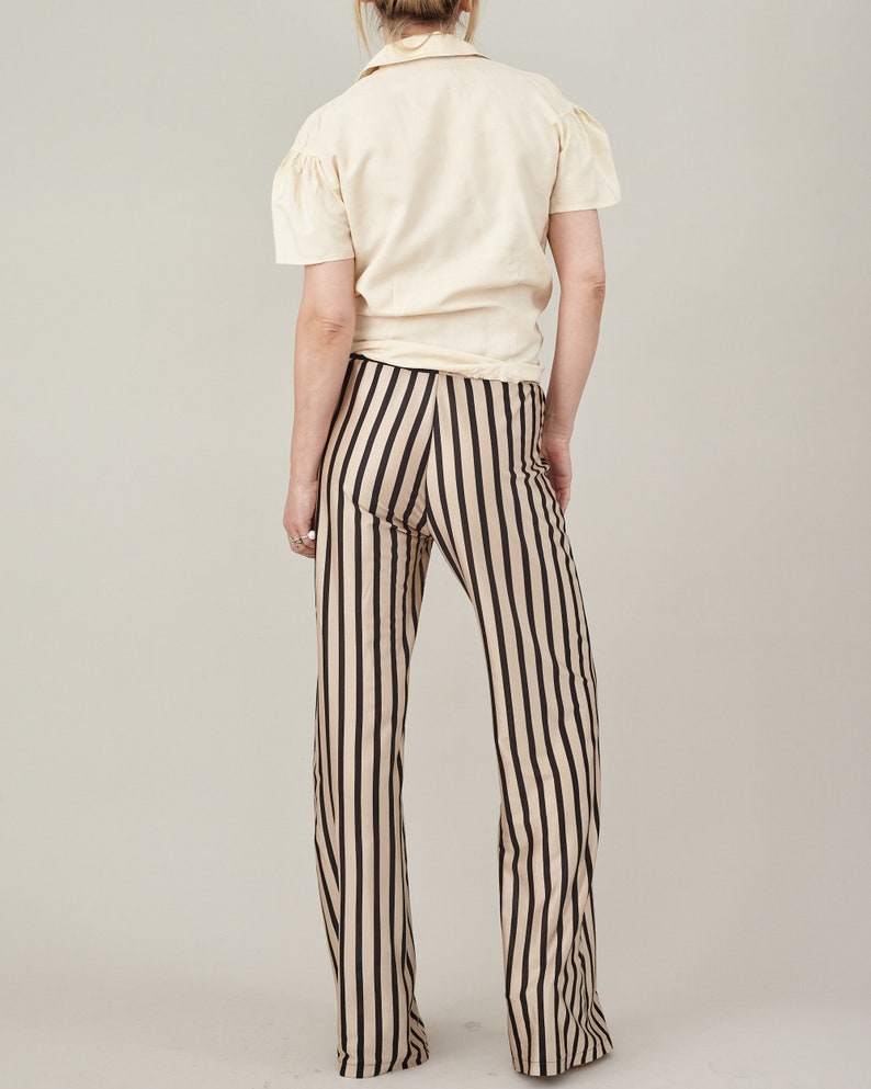 Chic Silk Jersey Fit and Flare Pants for Women, Beige & Black Stripes, Elastic Waist - Flowy Summer Pants
