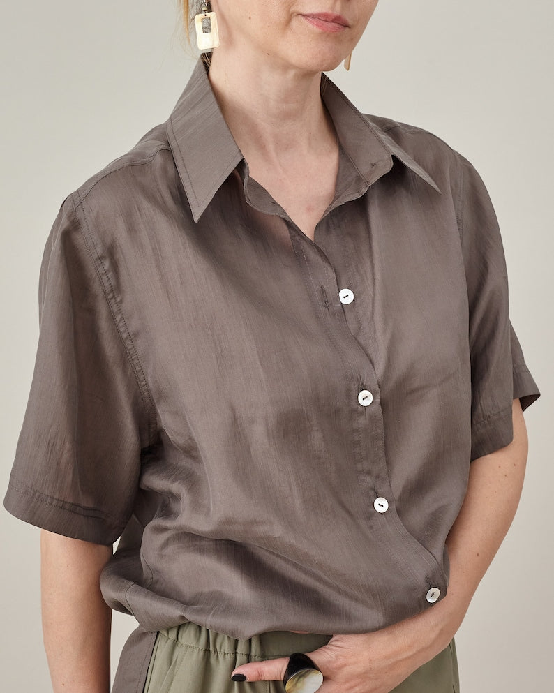 100% Silk Short Sleeve Shirt for Women | Straight Cut, Relaxed Fit Summer Blouse in Taupe
