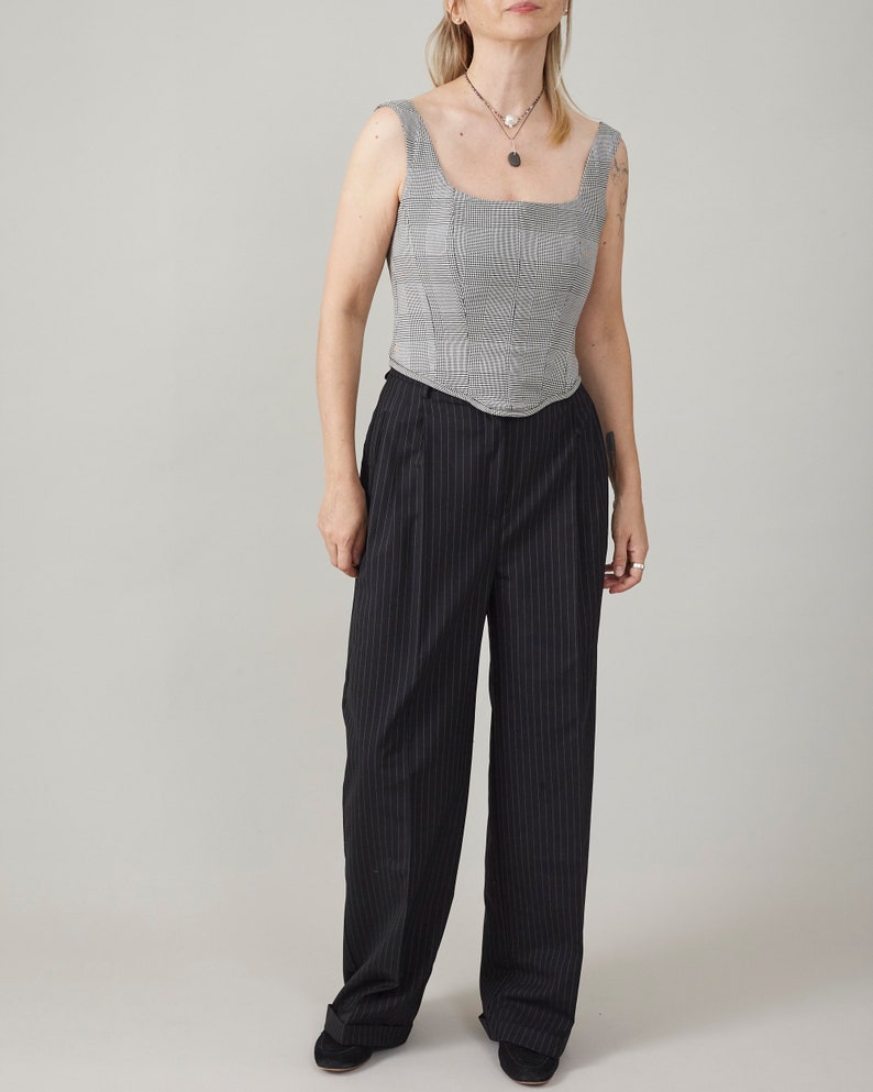 100% Wool Pinstripe Women Pants, Custom Black Trousers, High Rise, Pleats, Loose Fit Tailored Bottoms for Transitional Seasons