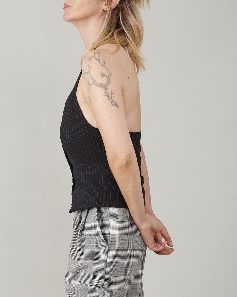 Pinstripe Tailored Vest for Women, with Open Back and Adjustable Waist | Black Wool Halter Waistcoat, Part of a Casual Two Piece Set