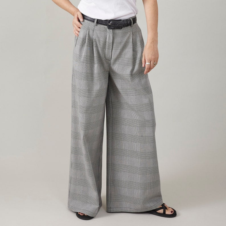 Plaid Wide Leg Pants for Summer, Glen Check Print, 100% Cotton, Palazzo Pants with Pleats and High Rise, Casual Tailored Trousers