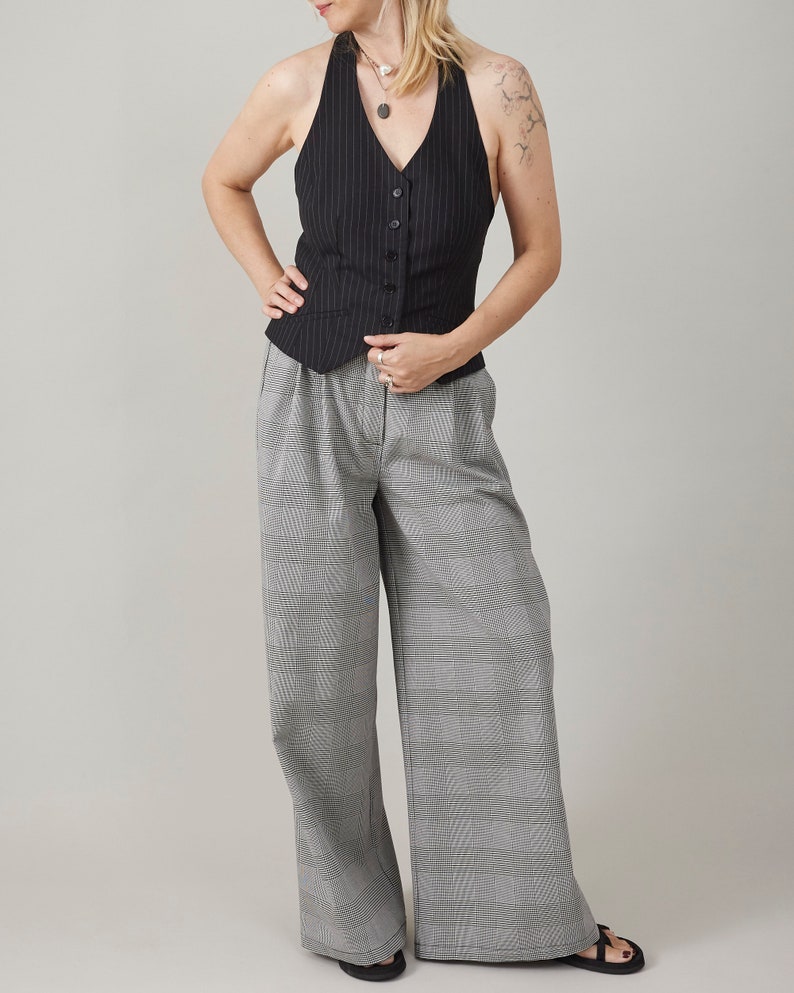 Plaid Wide Leg Pants for Summer, Glen Check Print, 100% Cotton, Palazzo Pants with Pleats and High Rise, Casual Tailored Trousers