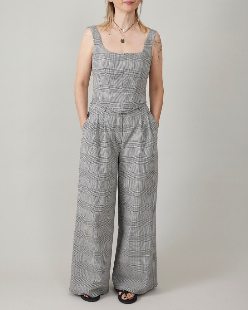 Plaid Wide Leg Pants for Summer, Glen Check Print, 100% Cotton, Palazzo Pants with Pleats and High Rise, Casual Tailored Trousers