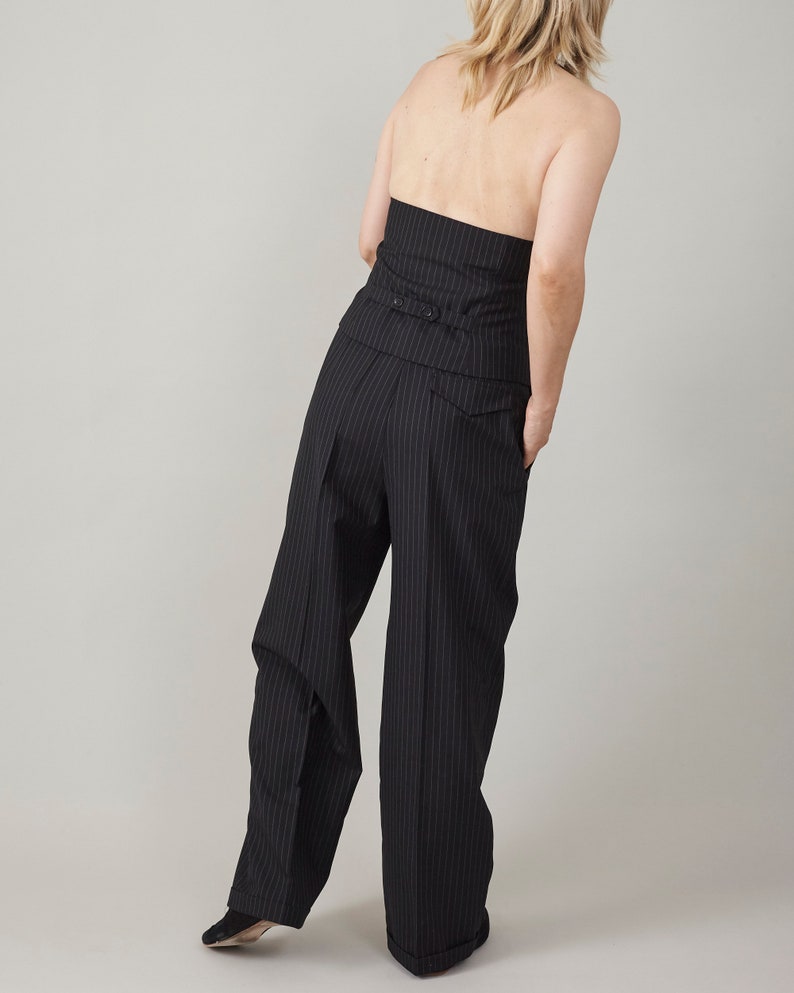 Pinstripe Tailored Vest for Women, with Open Back and Adjustable Waist | Black Wool Halter Waistcoat, Part of a Casual Two Piece Set