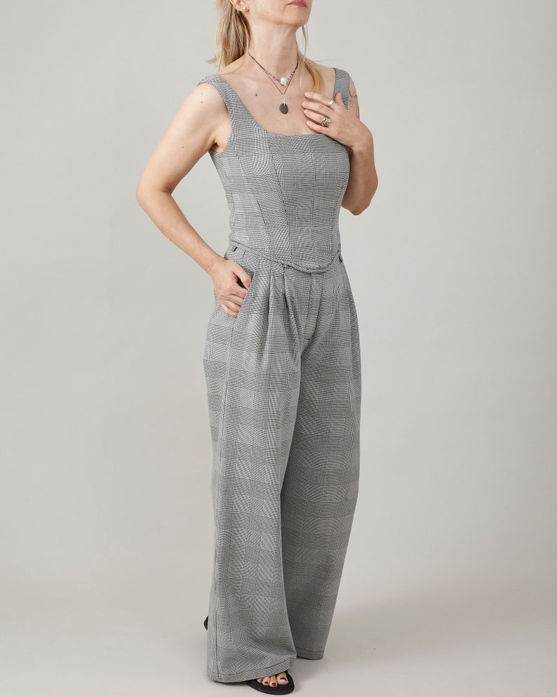Plaid Wide Leg Pants for Summer, Glen Check Print, 100% Cotton, Palazzo Pants with Pleats and High Rise, Casual Tailored Trousers