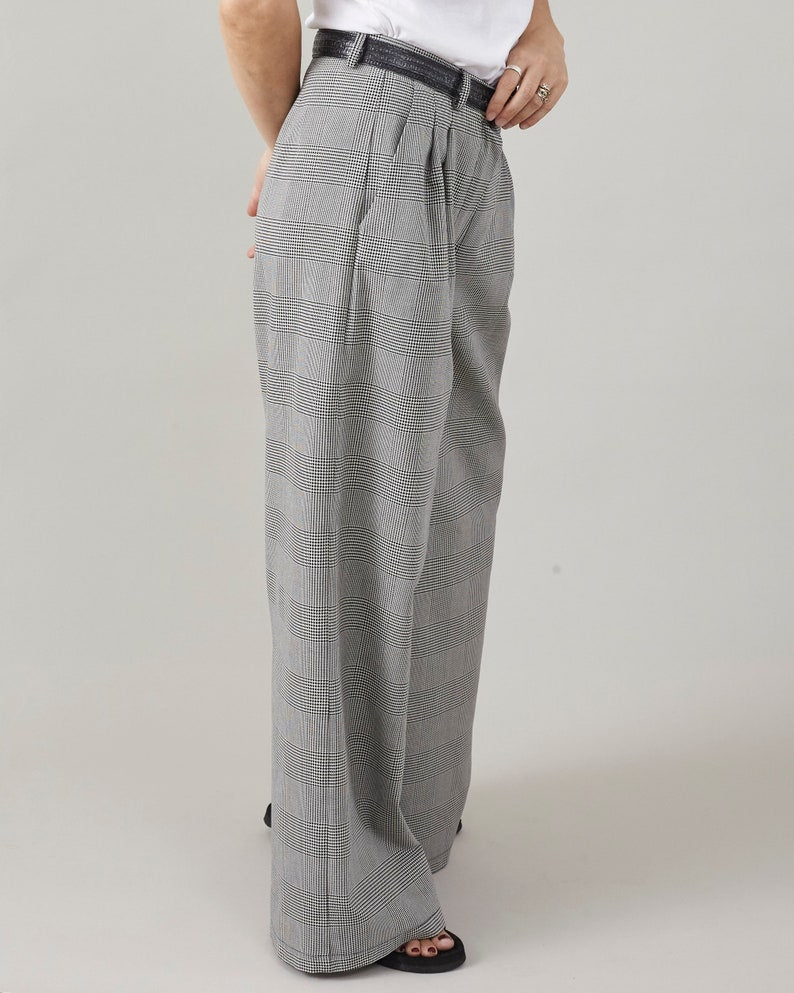 Plaid Wide Leg Pants for Summer, Glen Check Print, 100% Cotton, Palazzo Pants with Pleats and High Rise, Casual Tailored Trousers
