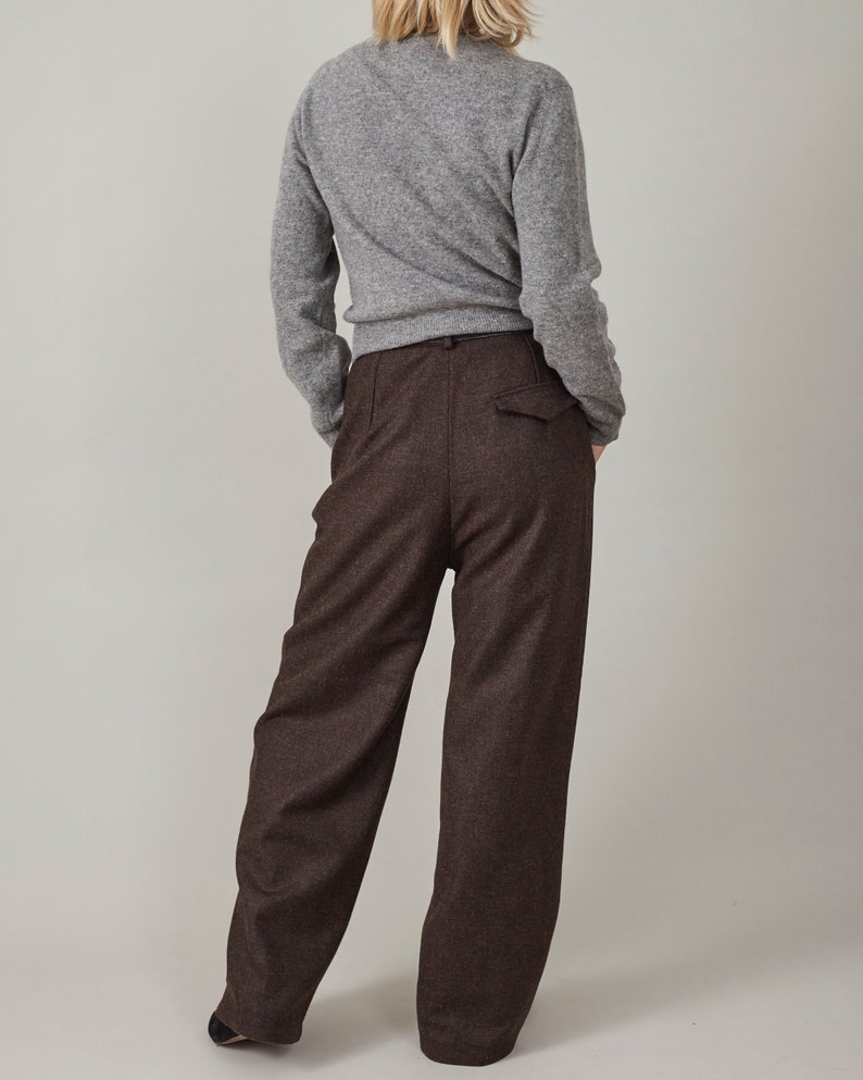 Women's Wool Dress Pants, Wide Leg Tailored Trousers for Winter with Pleats and Cuffed Hem