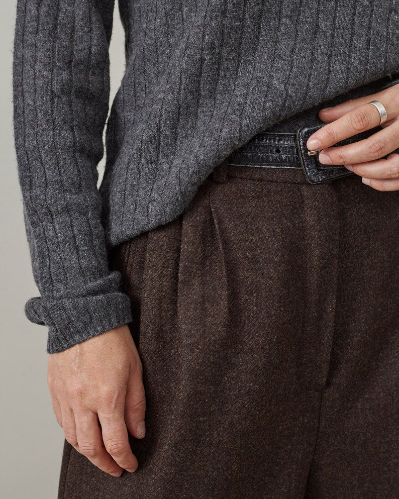 Women's Wool Dress Pants, Wide Leg Tailored Trousers for Winter with Pleats and Cuffed Hem