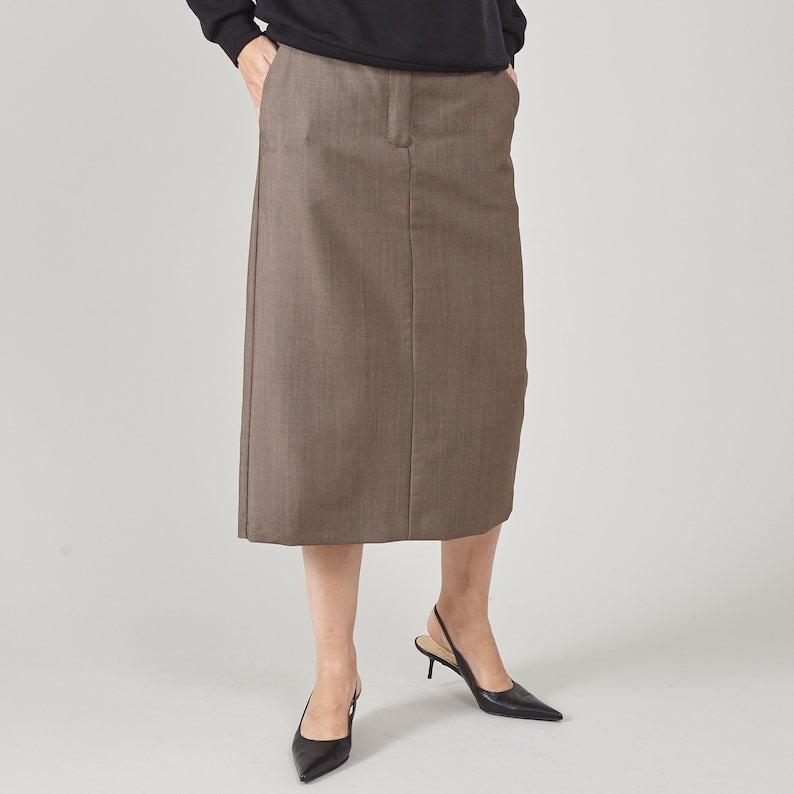 Handmade 100% Wool Midi Skirt for Women, Modern Chic Brown Straight Skirt with Front Zipper Closure and Pockets, Casual Outfits and Workwear