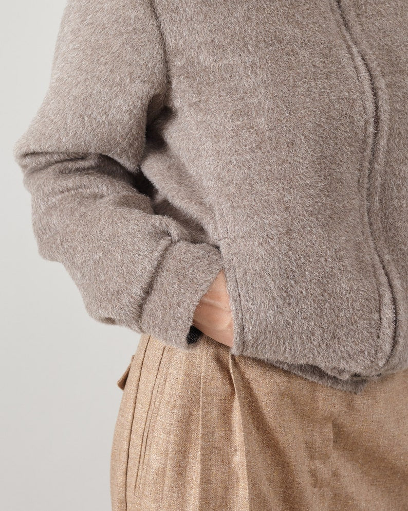 Handmade Luxurious Alpaca Wool Winter Bomber Jacket for Women - Fluffy Super Chic Instant Warmth and Softness - 3 Colors Taupe, Grey, Purple