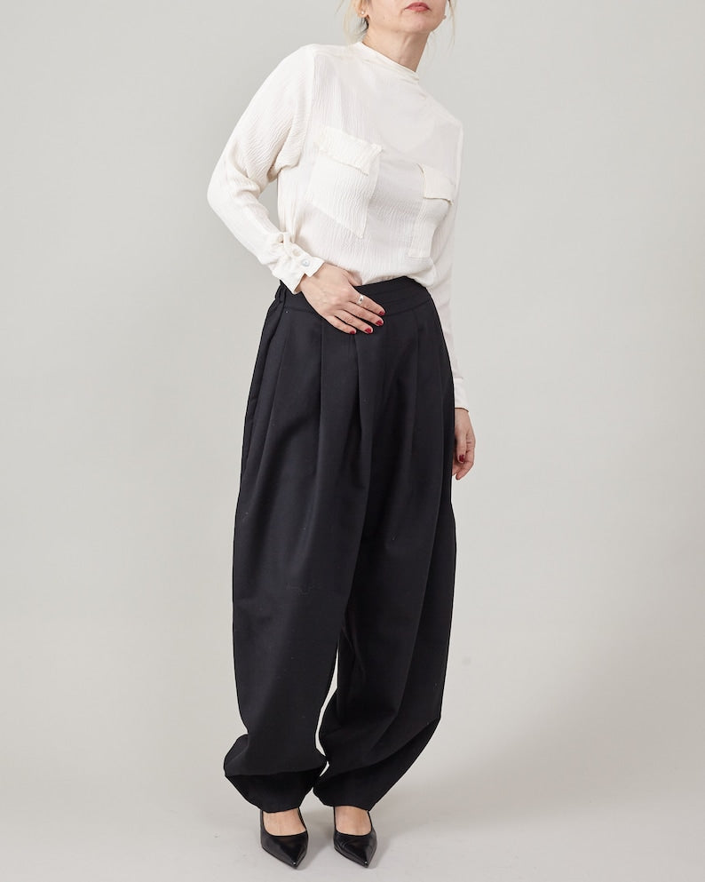 Elegant Genie Pants in Black 100% Wool, Pleated High Waist, Balloon Leg Tailored Trousers for Spring - Fall