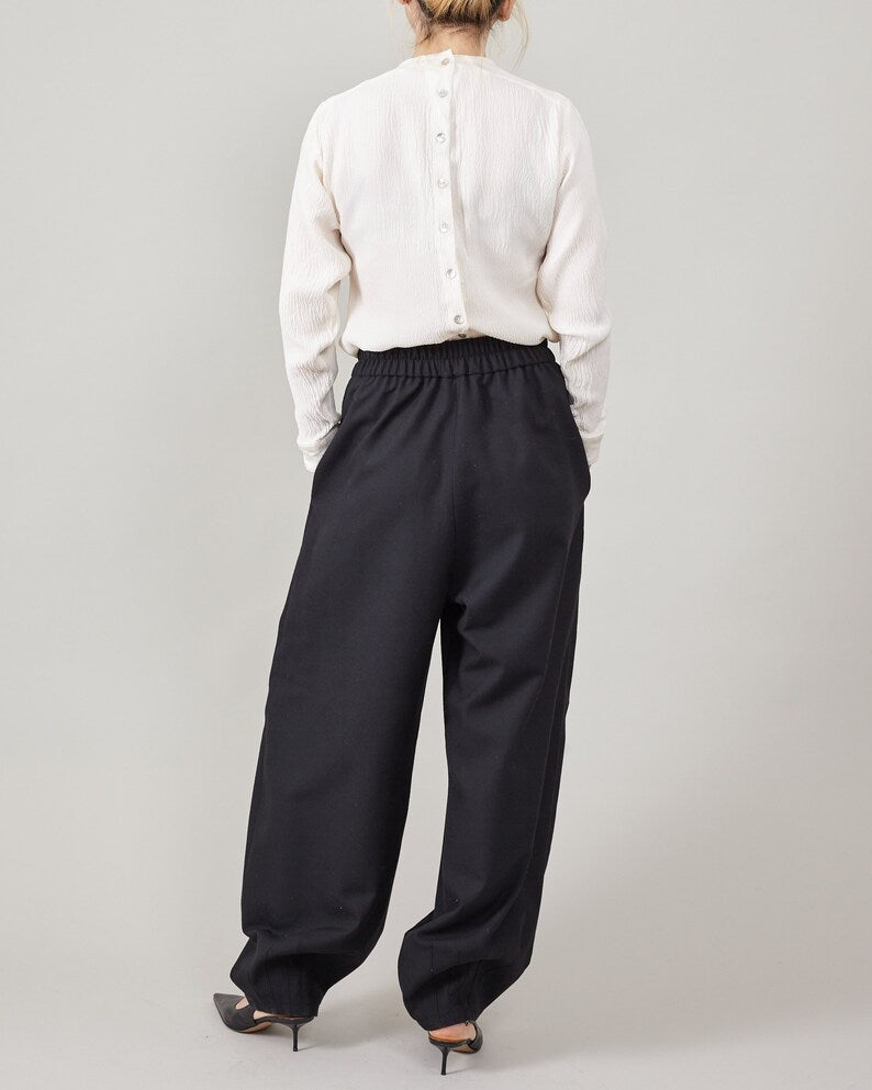 Elegant Genie Pants in Black 100% Wool, Pleated High Waist, Balloon Leg Tailored Trousers for Spring - Fall