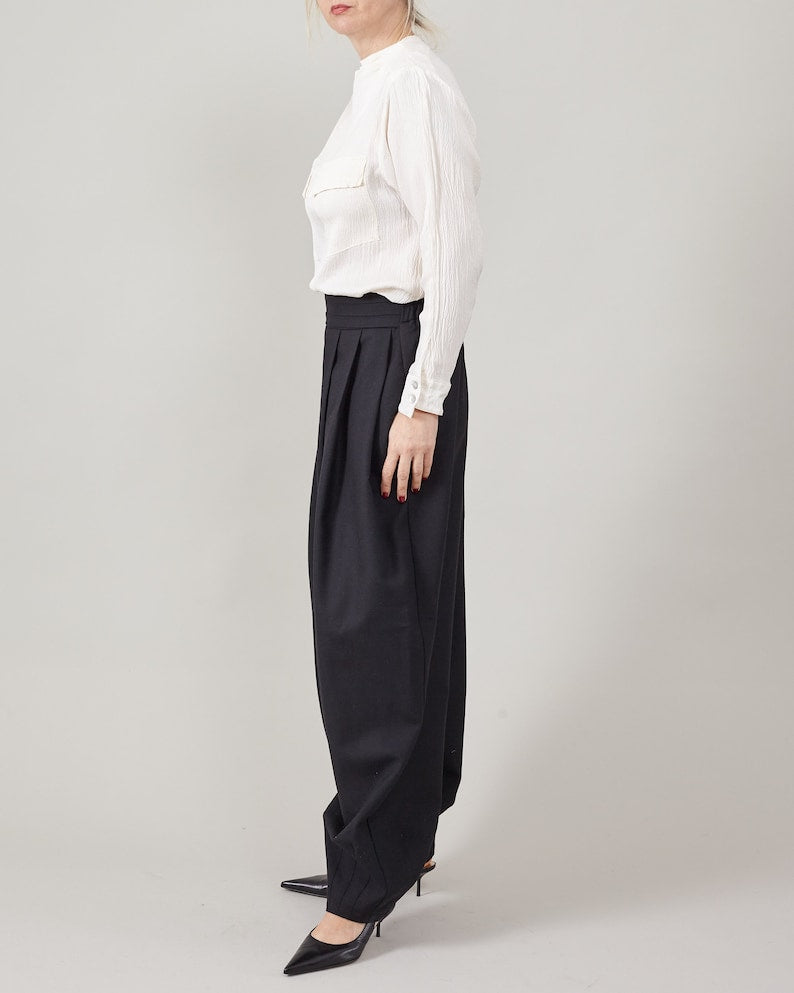 Elegant Genie Pants in Black 100% Wool, Pleated High Waist, Balloon Leg Tailored Trousers for Spring - Fall