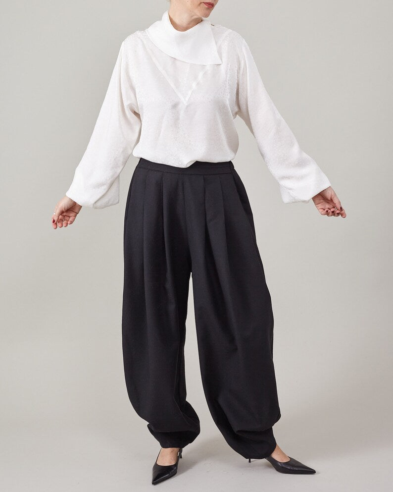 Handmade Silk Blouse for Women | Elegant White Shirt with Bishop Sleeve and Drape High Collar | Retro Design Top for Formal Occasions