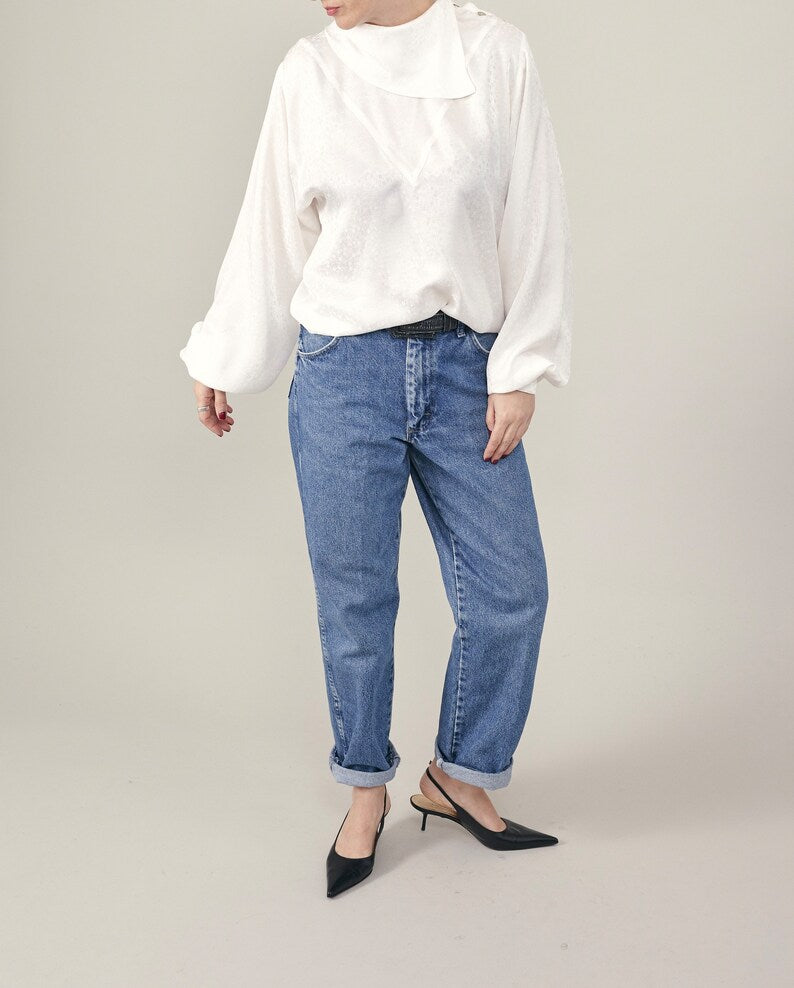 Handmade Silk Blouse for Women | Elegant White Shirt with Bishop Sleeve and Drape High Collar | Retro Design Top for Formal Occasions