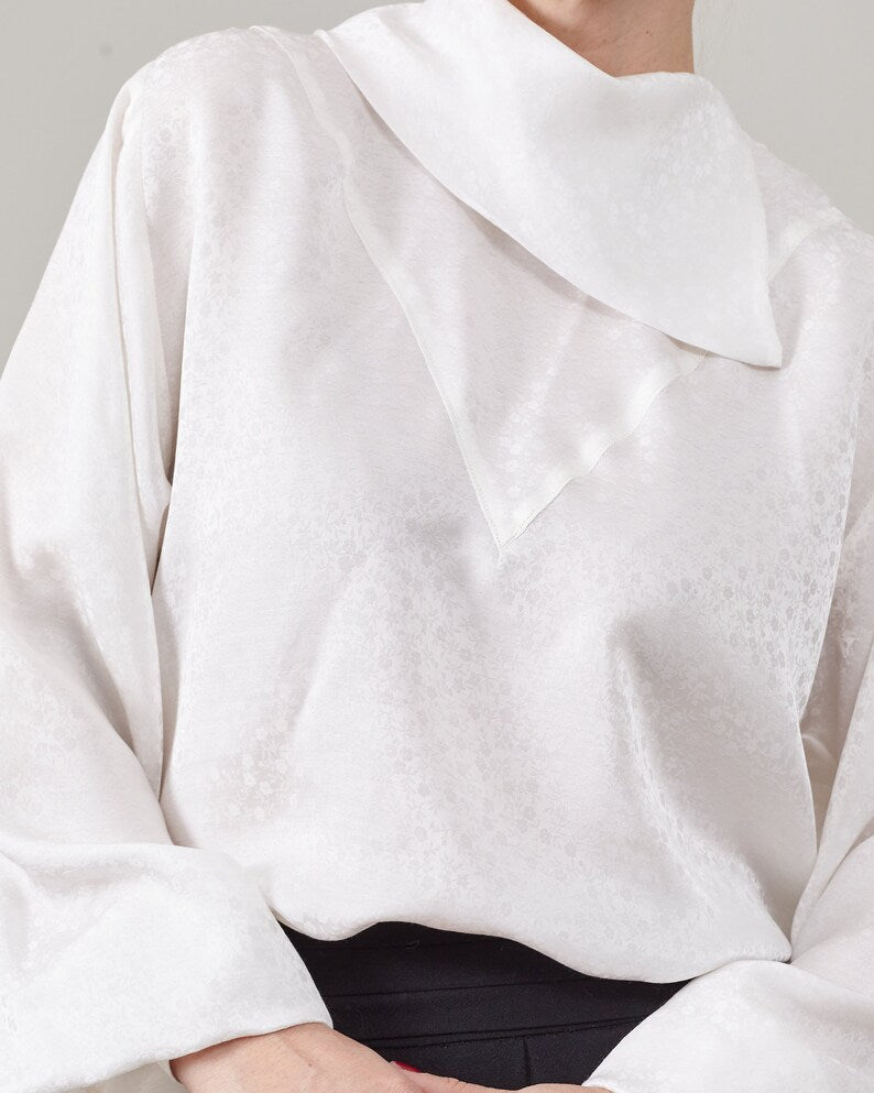 Handmade Silk Blouse for Women | Elegant White Shirt with Bishop Sleeve and Drape High Collar | Retro Design Top for Formal Occasions
